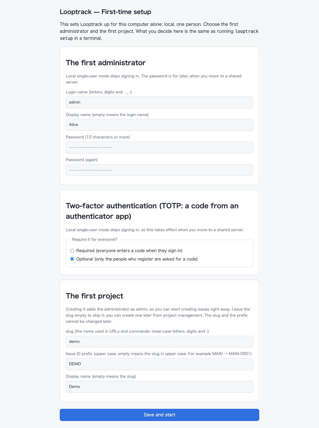 The first-time setup form, with three sections: the first administrator, two-factor authentication and the first project
