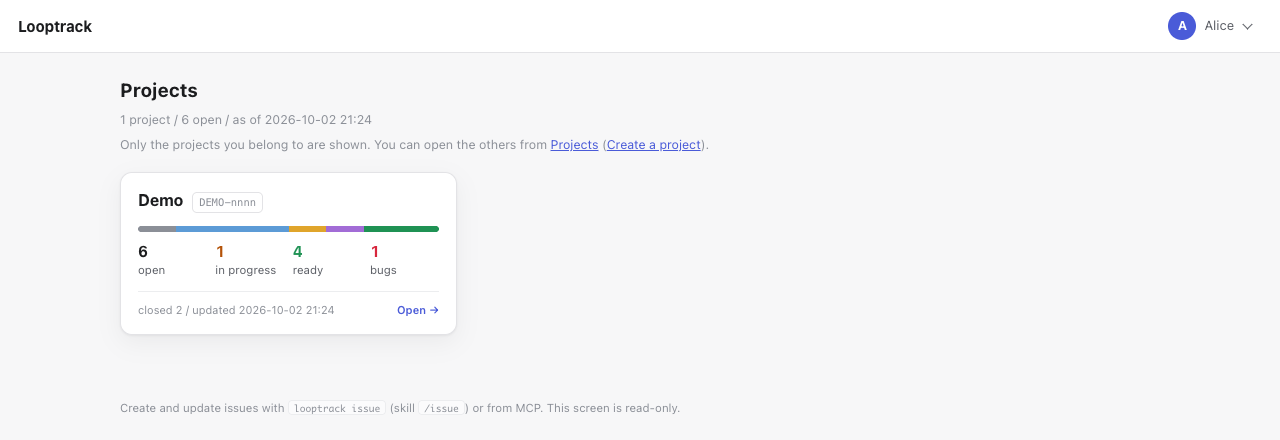 The project picker. The demo card shows how many issues are open, in progress, ready and bugs