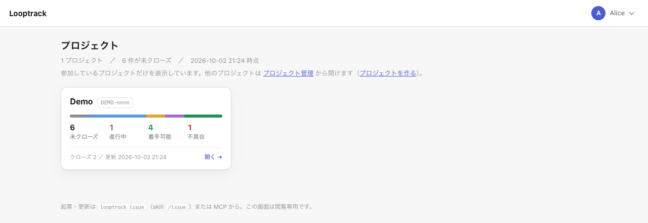 プロジェクトの選択の画面です。demo のカードに未クローズ・進行中・着手可能・不具合の件数が出ます。