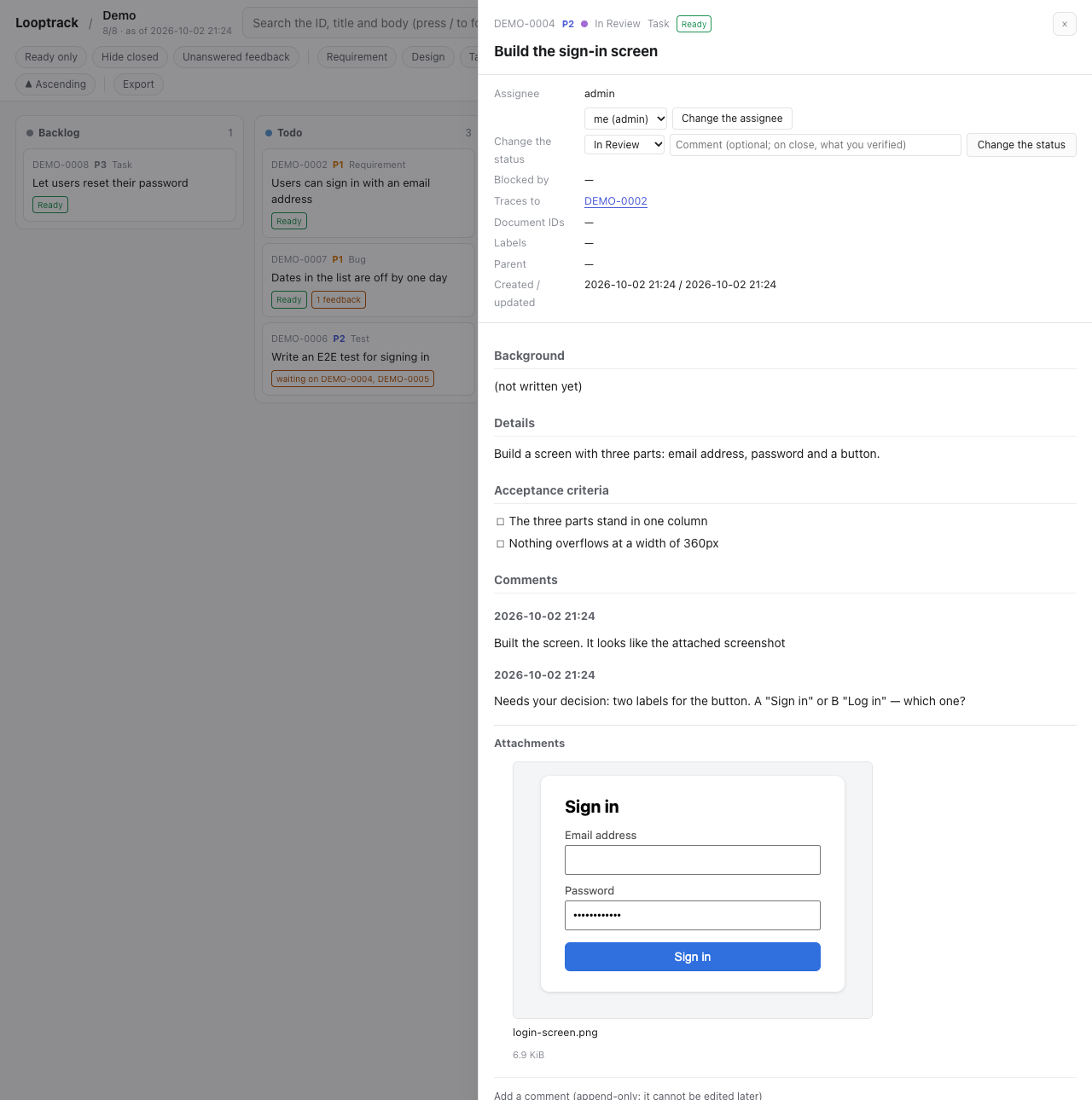 The detail of an issue In Review: a "Needs your decision:" comment, and the attached image shown in place